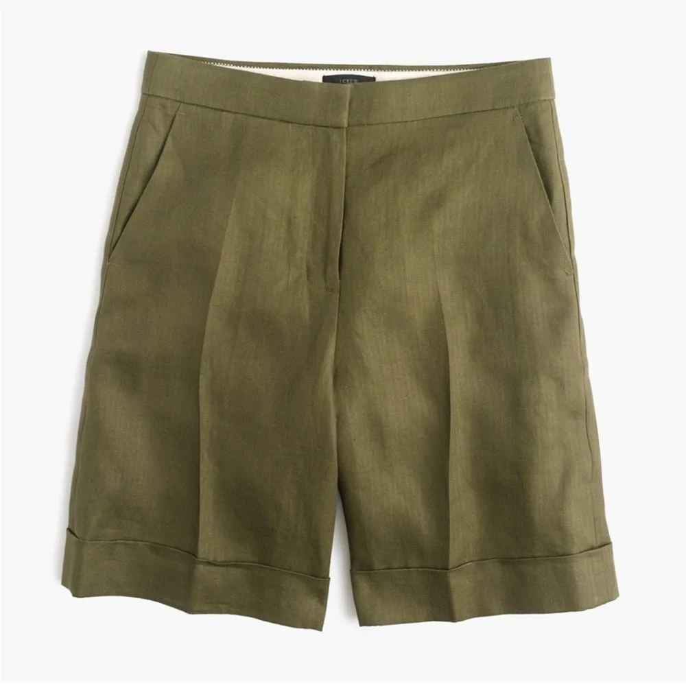 J. CREW Cuffed Linen Bermuda Shorts Olive Green - 4